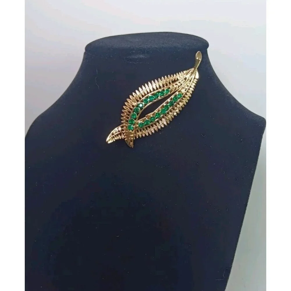 Vintage Mid Century Gold Tone Green Rhinestone Brooch Pin Twist Leaf